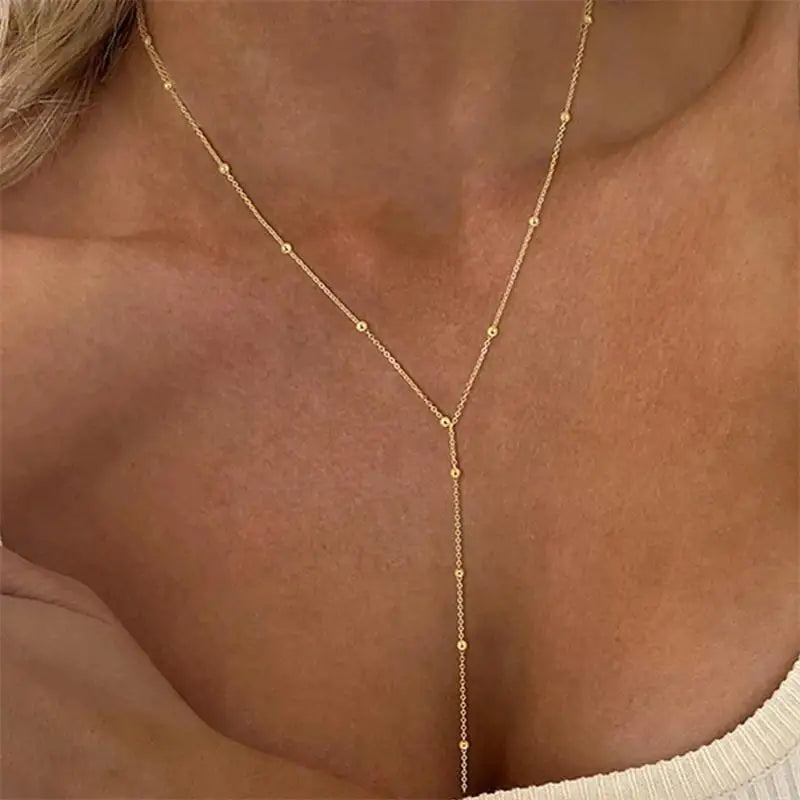 Vintage Gold-Tone Geometric Bead & Tassel Lariat Drop Necklace