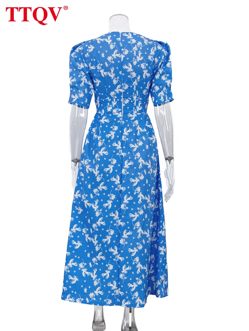 TTQV Summer Loose Print Women's Dress 2026 Fashion V-Neck Short Sleeve Ankle Length Dresses Elegant Classic High Waist Female Dr