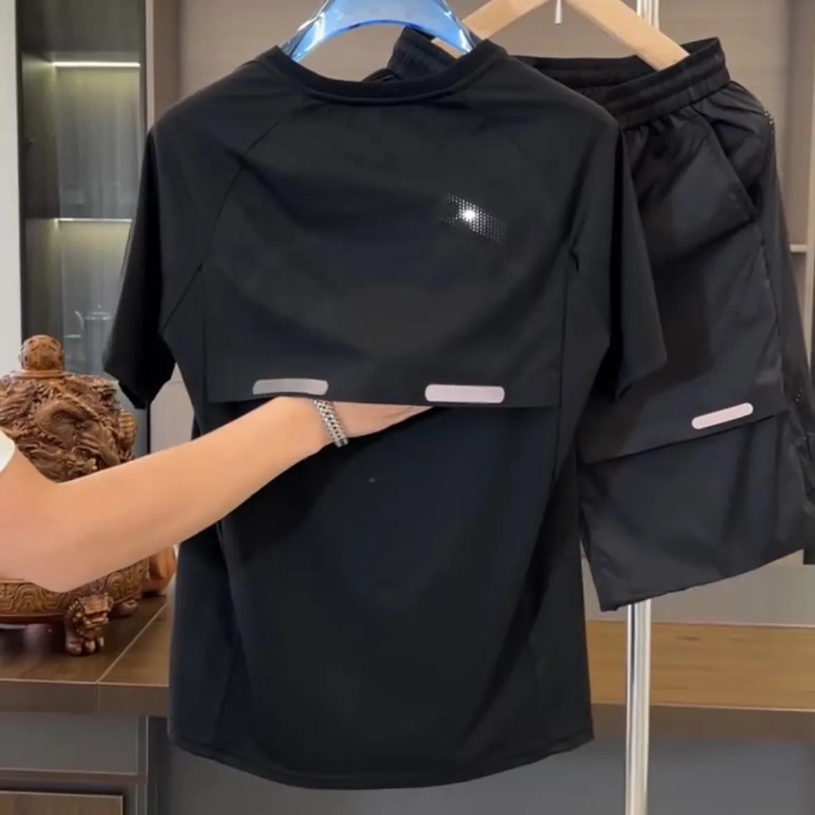 Summer Breathable Splicing Shirt Shorts Two-piece Set Men's High Elastic Loose Quick-drying Sports and Leisure Suit