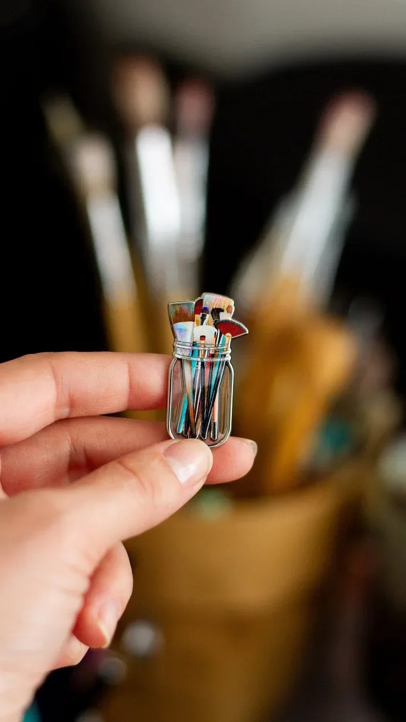 Paint Brushes in Clear Jar Enamel Pin – Artist Badge & Brooch