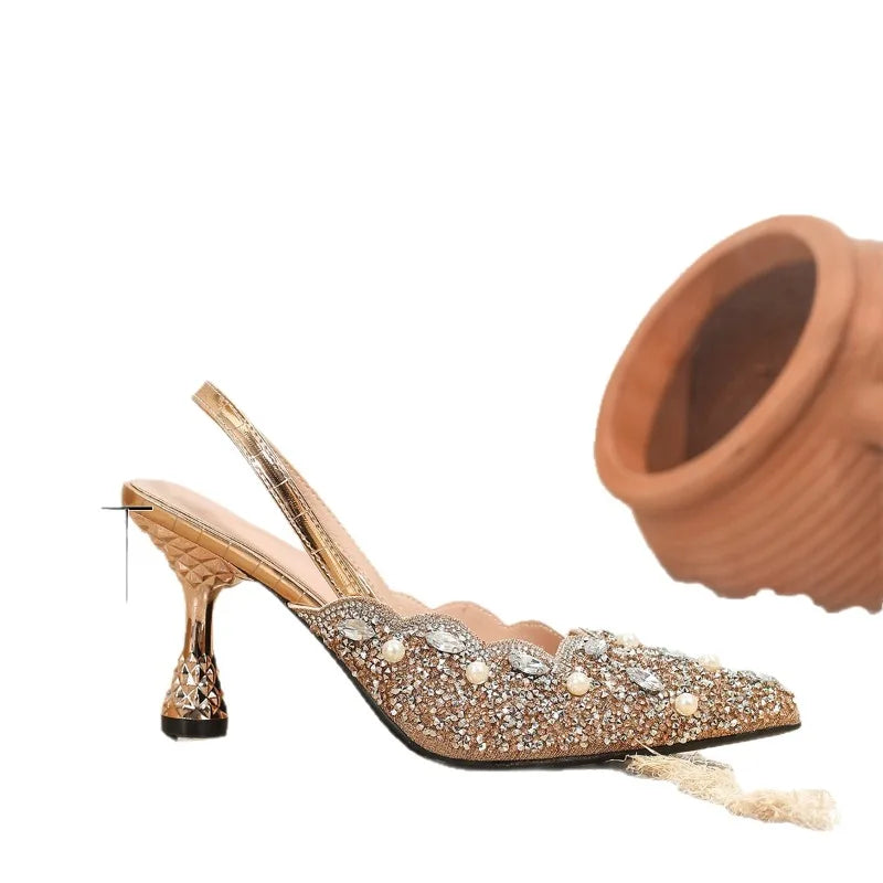 Women's Rhinestone Slingback High Heel Sandals | Elegant Pointed-Toe Banquet Dress Shoes