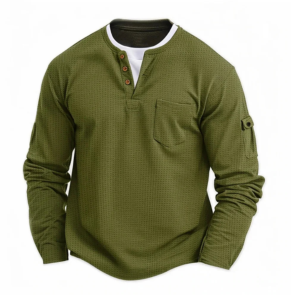 Men's Waffle-Knit Fake Two-Piece Long-Sleeve Henley T-Shirt