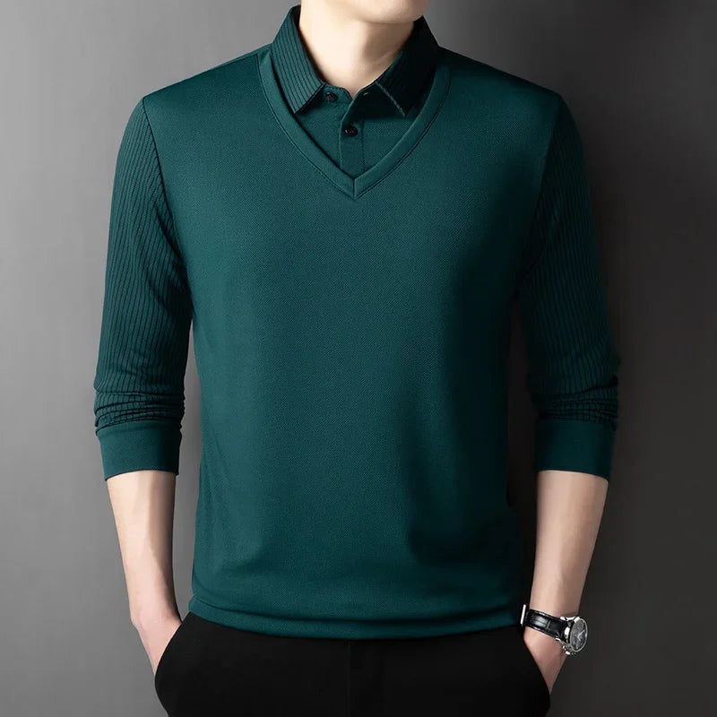 Men’s Long-Sleeve Layered Look Polo Shirt – Business Casual Versatile Top
