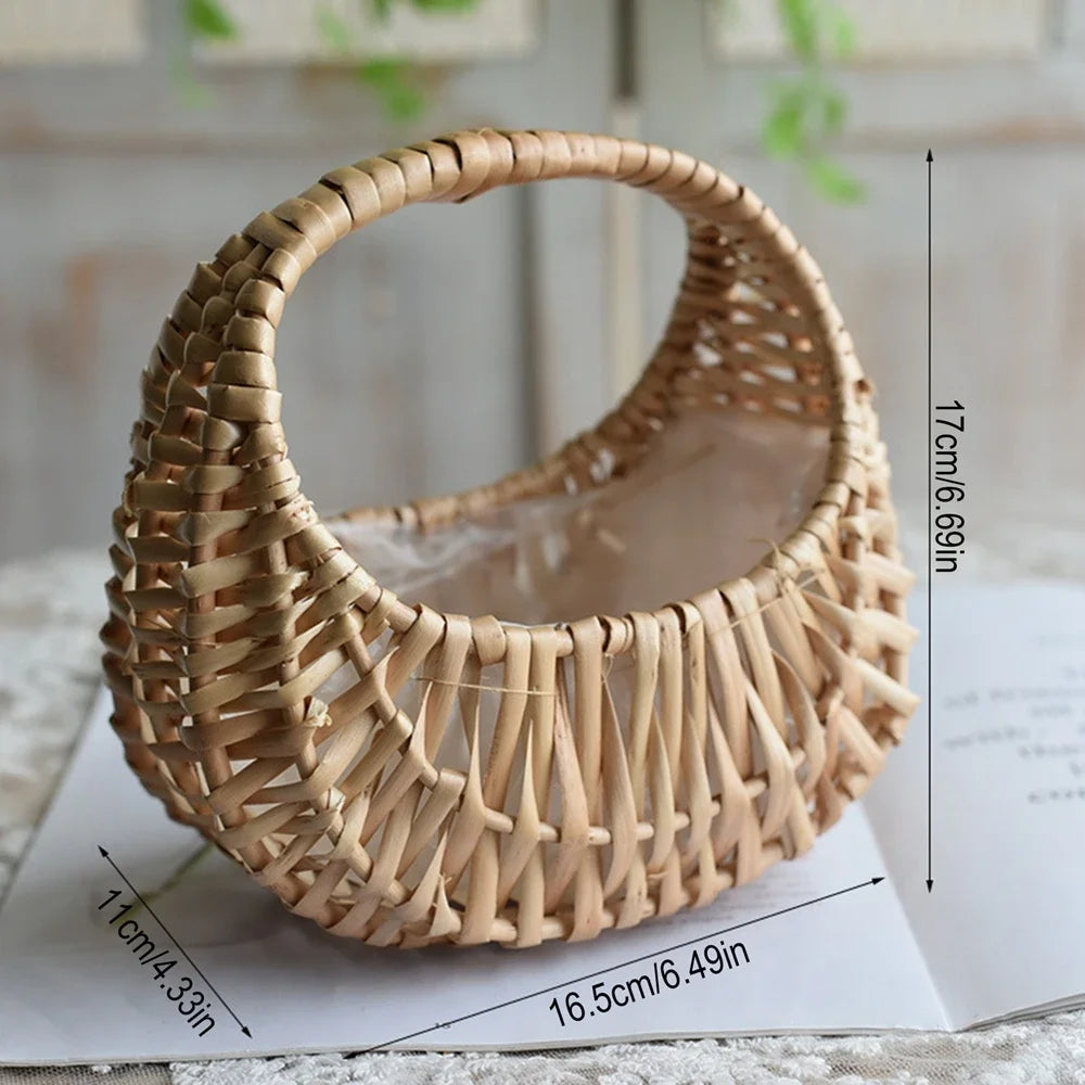 Handmade Woven Rattan Flower & Storage Basket with Ribbon Accent