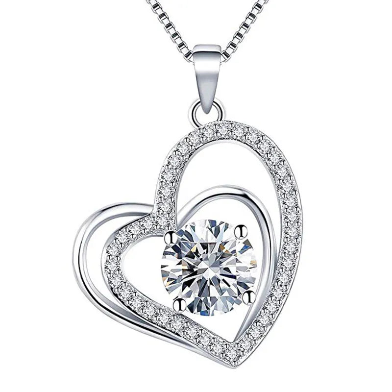 Women's Romantic Silver-Tone Heart Pendant Necklace with Cubic Zirconia