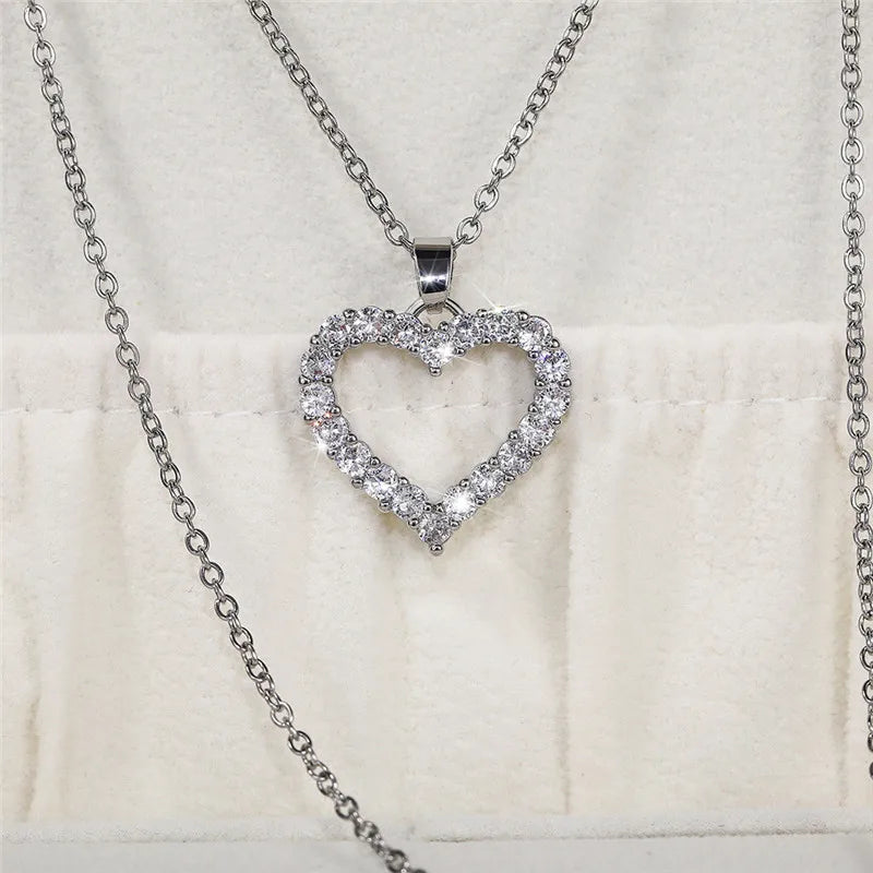 Women's Romantic Silver-Tone Heart Pendant Necklace with Cubic Zirconia