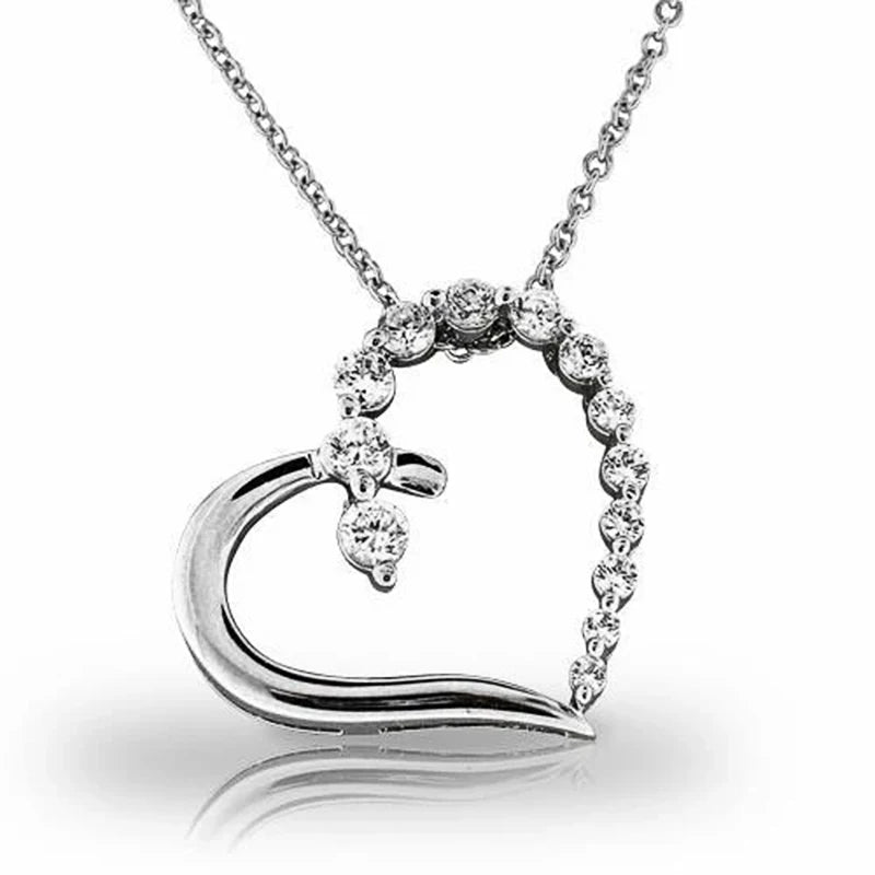 Women's Romantic Silver-Tone Heart Pendant Necklace with Cubic Zirconia