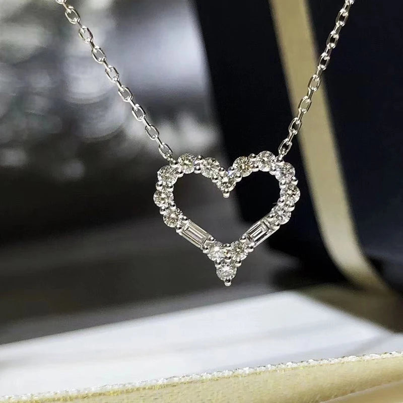 Women's Romantic Silver-Tone Heart Pendant Necklace with Cubic Zirconia