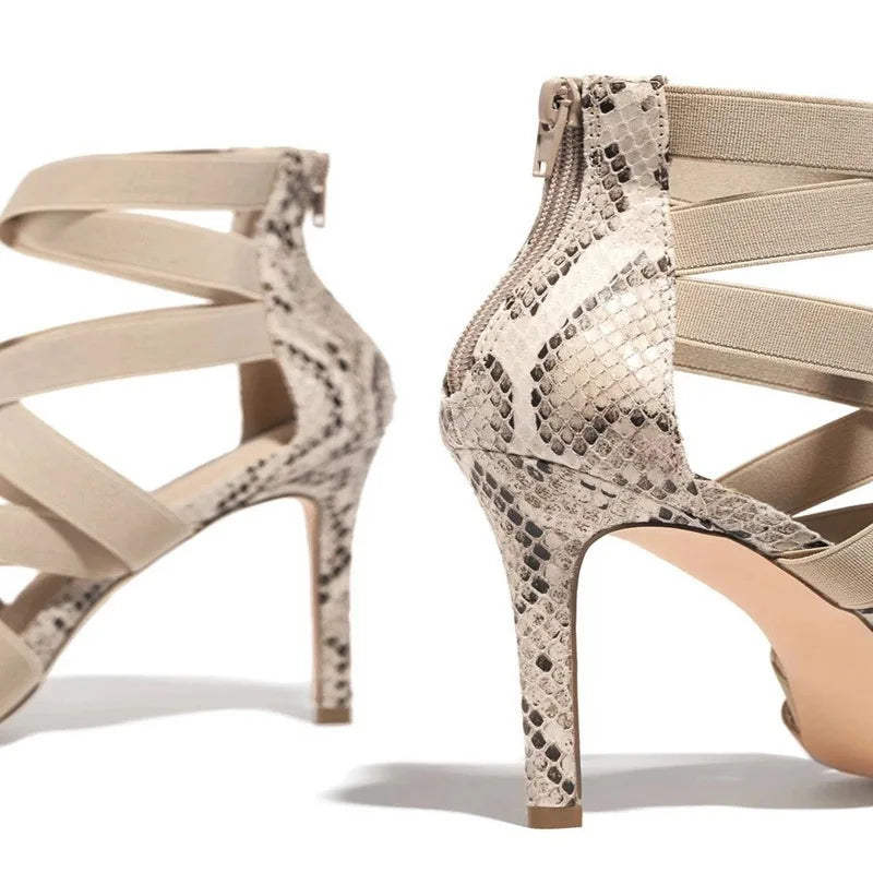 Women's Snake Print Rhinestone Gladiator High Heel Pumps