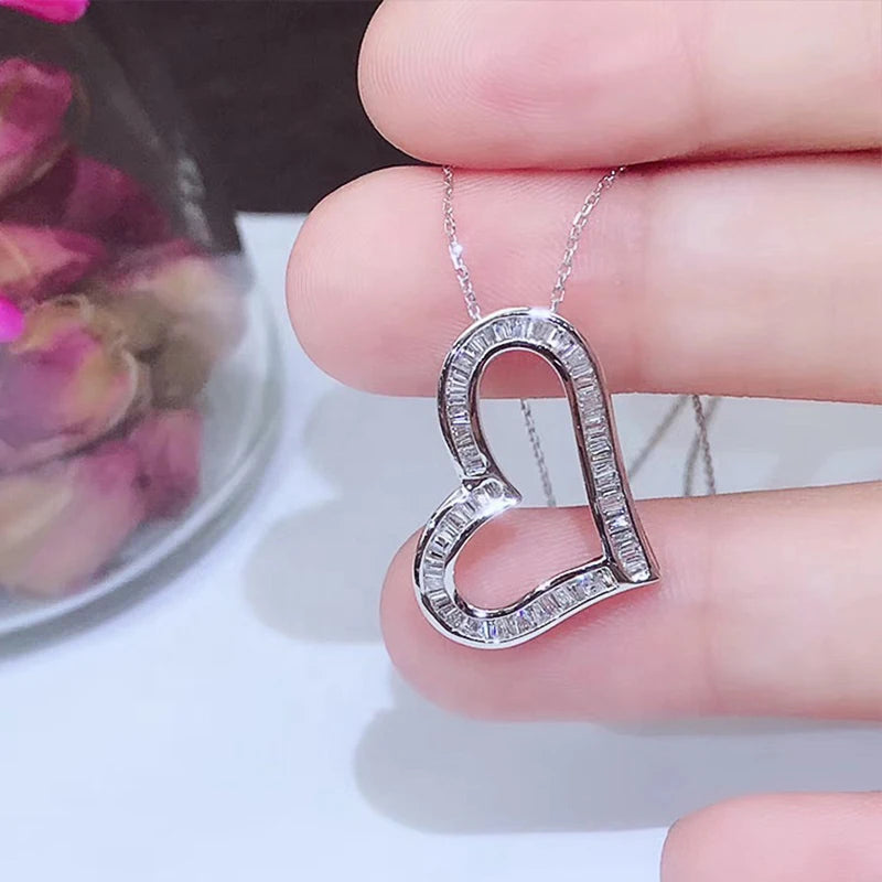Women's Romantic Silver-Tone Heart Pendant Necklace with Cubic Zirconia