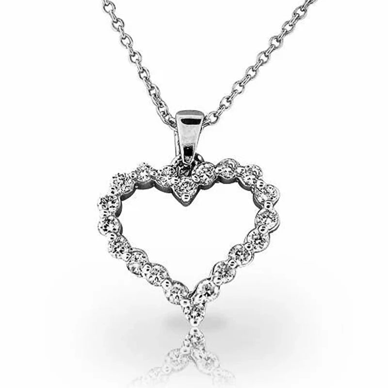 Women's Romantic Silver-Tone Heart Pendant Necklace with Cubic Zirconia