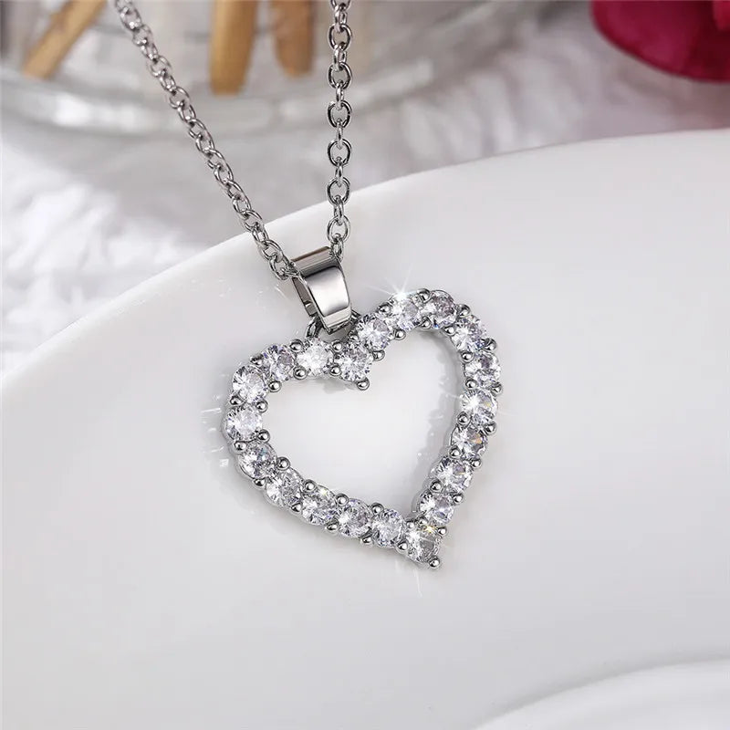 Women's Romantic Silver-Tone Heart Pendant Necklace with Cubic Zirconia