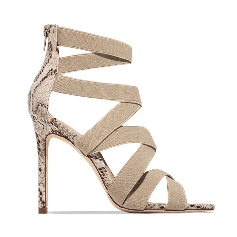 Women's Snake Print Rhinestone Gladiator High Heel Pumps