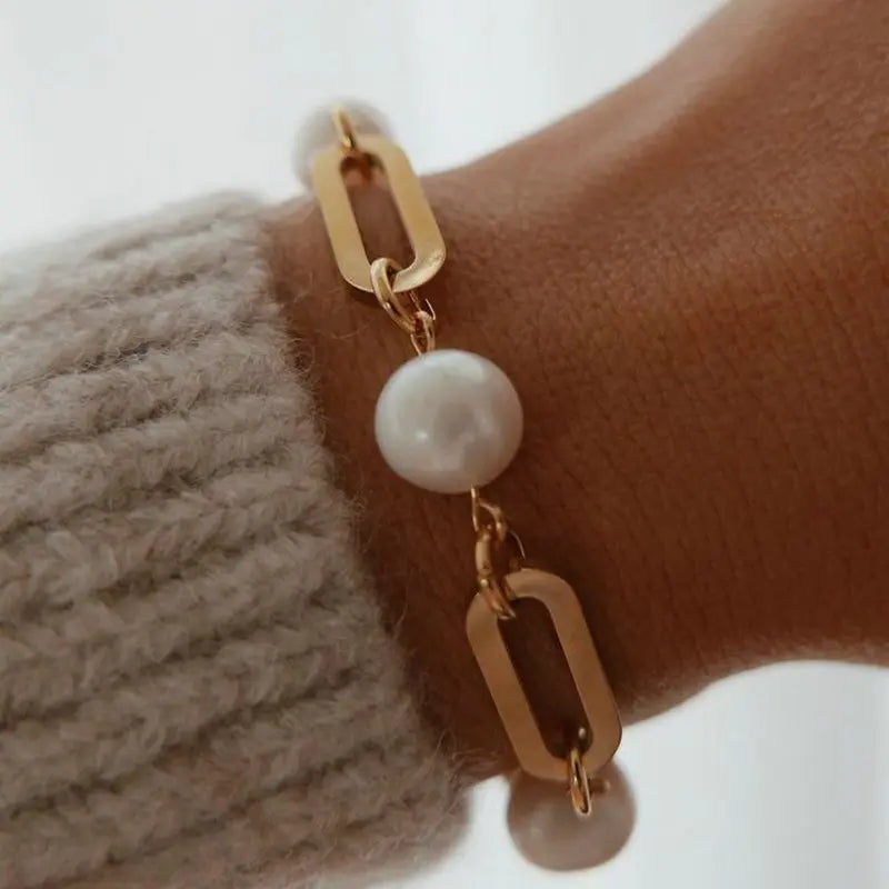 18K Gold Plated Stainless Steel Baroque Freshwater Bracelets For Women Rectangular Chain Spacer Pearl Bracelet Party Jewelry
