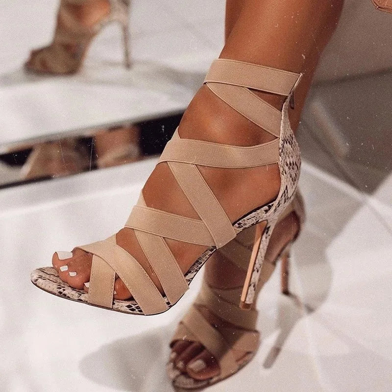 Women's Snake Print Rhinestone Gladiator High Heel Pumps