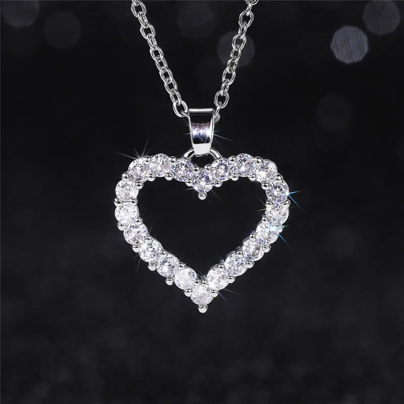 Women's Romantic Silver-Tone Heart Pendant Necklace with Cubic Zirconia
