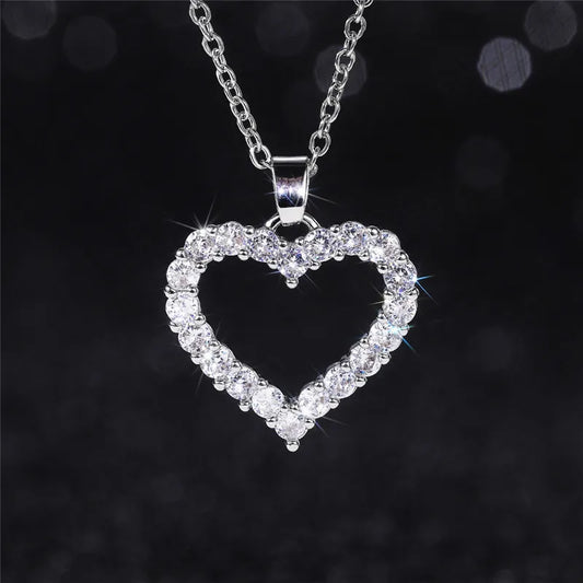 Women's Romantic Silver-Tone Heart Pendant Necklace with Cubic Zirconia
