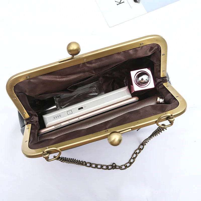 Women's Vintage Kiss-Lock PU Leather Chain Crossbody & Shoulder Bag