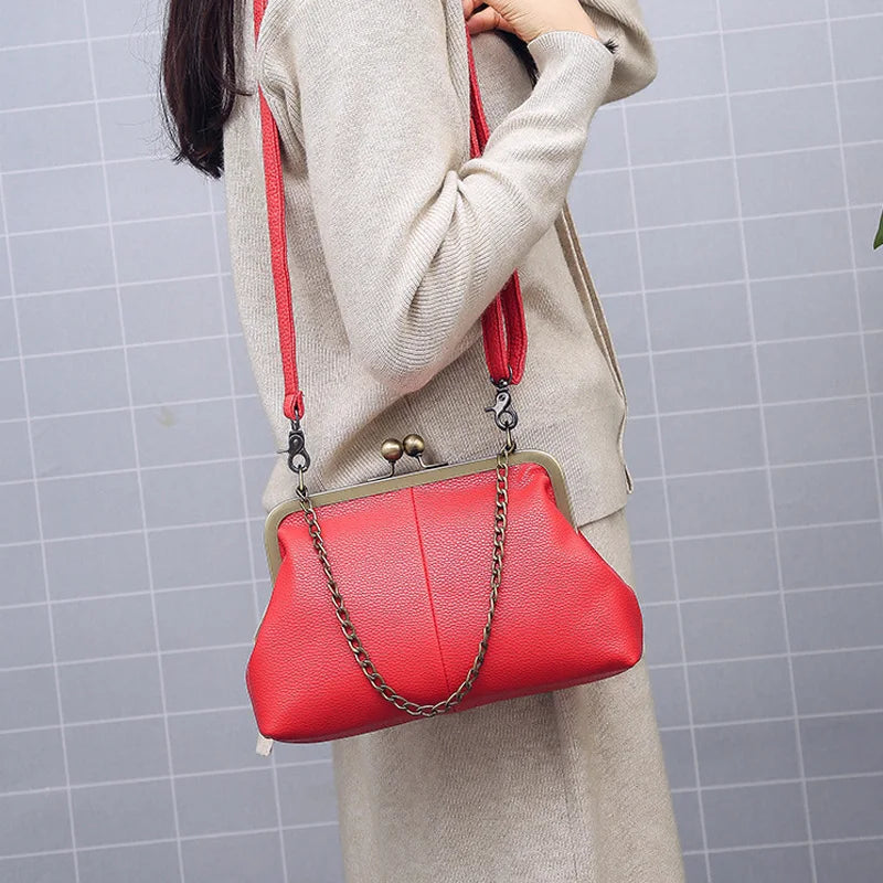 Women's Vintage Kiss-Lock PU Leather Chain Crossbody & Shoulder Bag