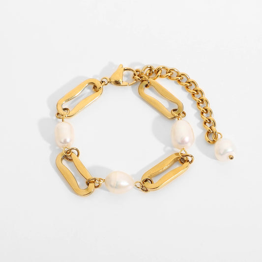 18K Gold Plated Stainless Steel Baroque Freshwater Bracelets For Women Rectangular Chain Spacer Pearl Bracelet Party Jewelry