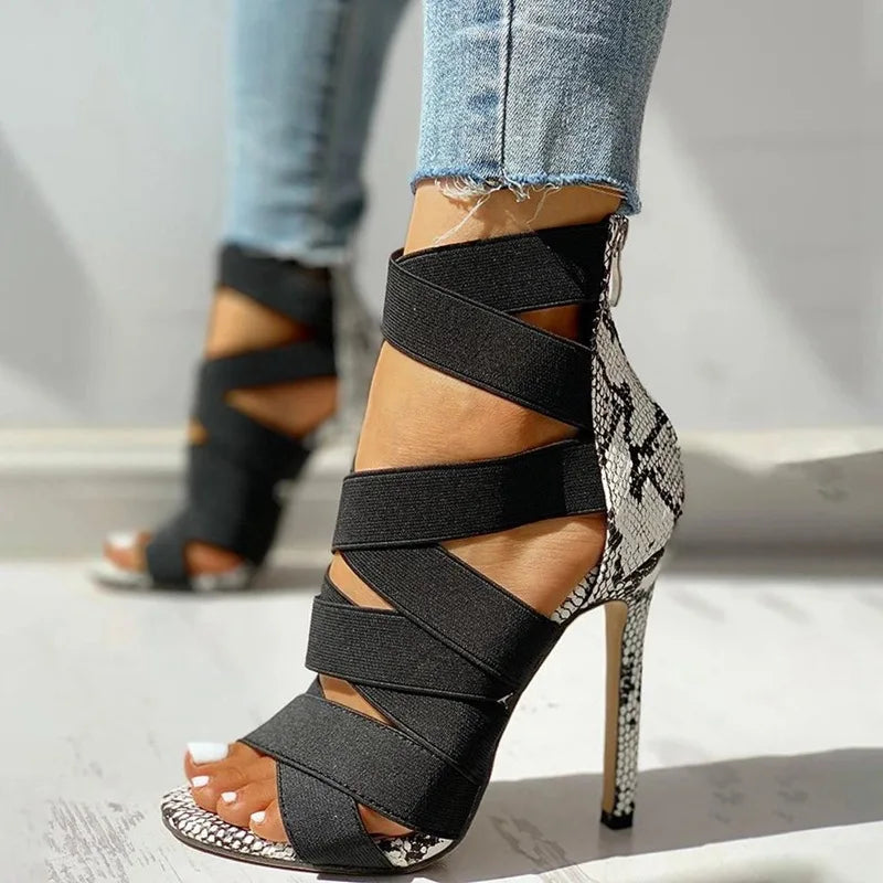 Women's Snake Print Rhinestone Gladiator High Heel Pumps