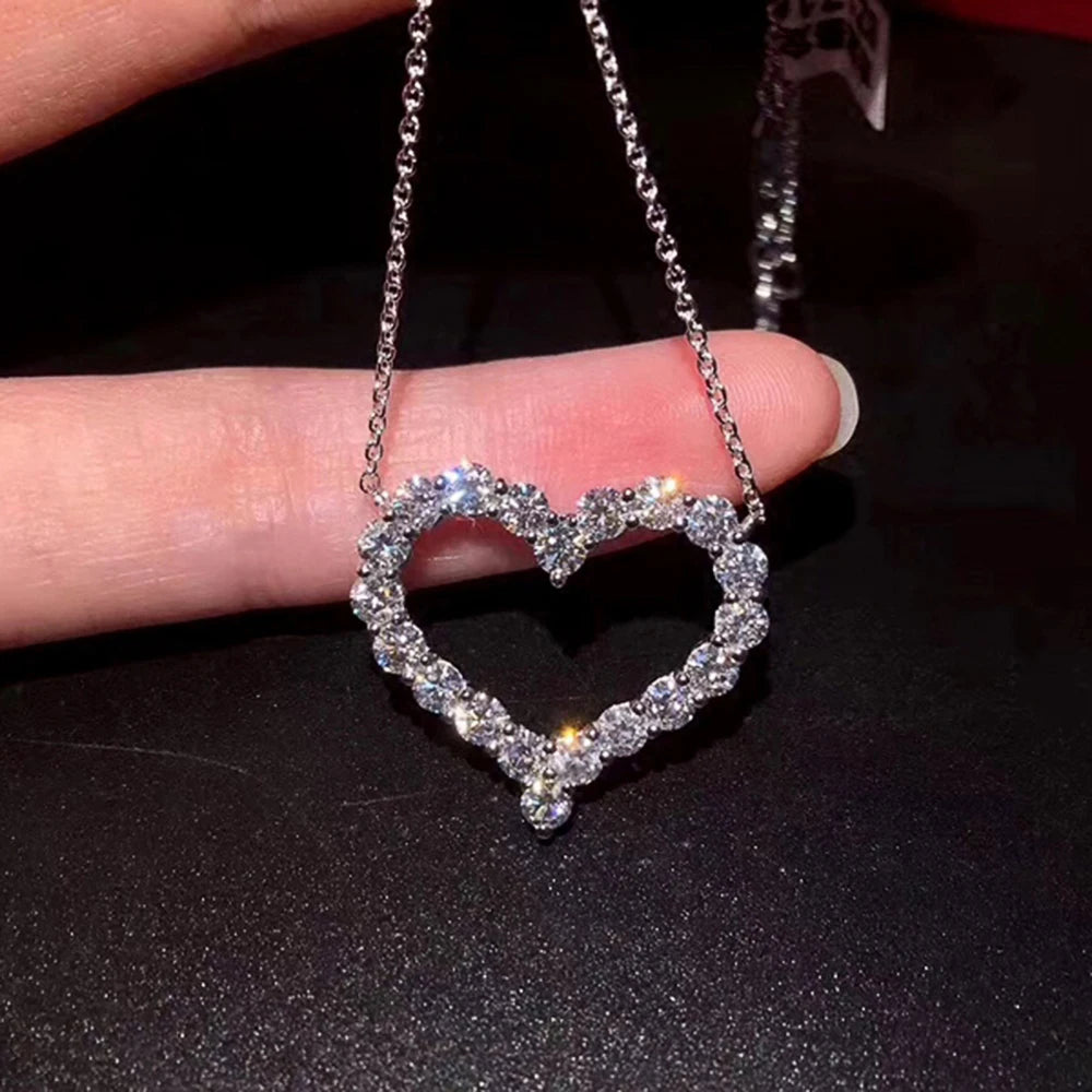 Women's Romantic Silver-Tone Heart Pendant Necklace with Cubic Zirconia