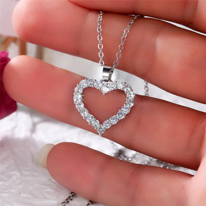 Women's Romantic Silver-Tone Heart Pendant Necklace with Cubic Zirconia