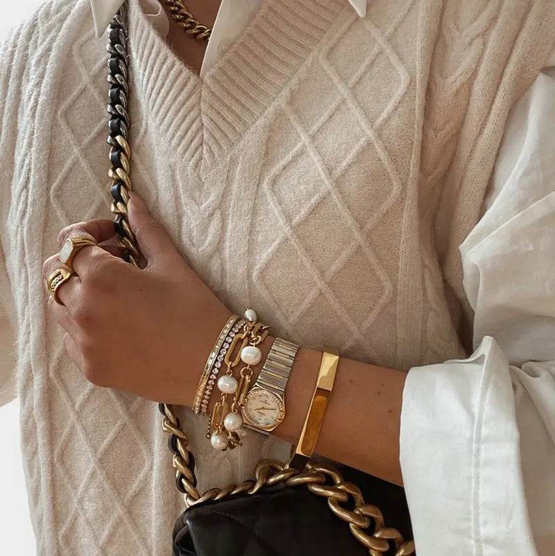 18K Gold Plated Stainless Steel Baroque Freshwater Bracelets For Women Rectangular Chain Spacer Pearl Bracelet Party Jewelry