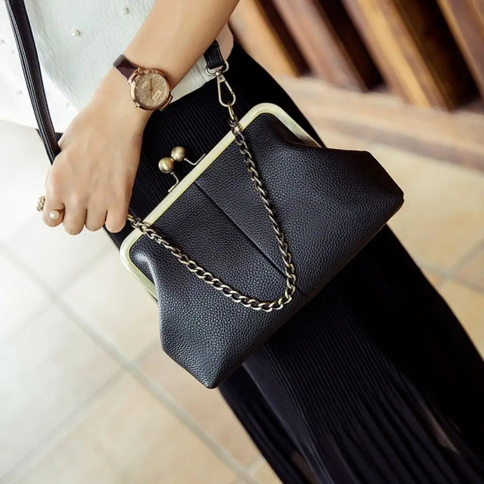 Women's Vintage Kiss-Lock PU Leather Chain Crossbody & Shoulder Bag