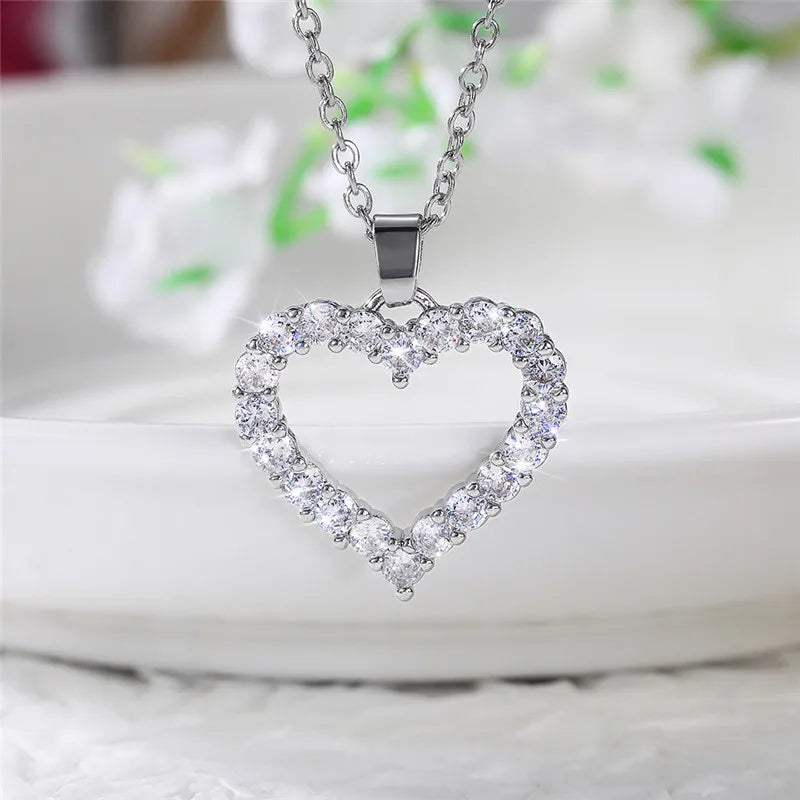 Women's Romantic Silver-Tone Heart Pendant Necklace with Cubic Zirconia