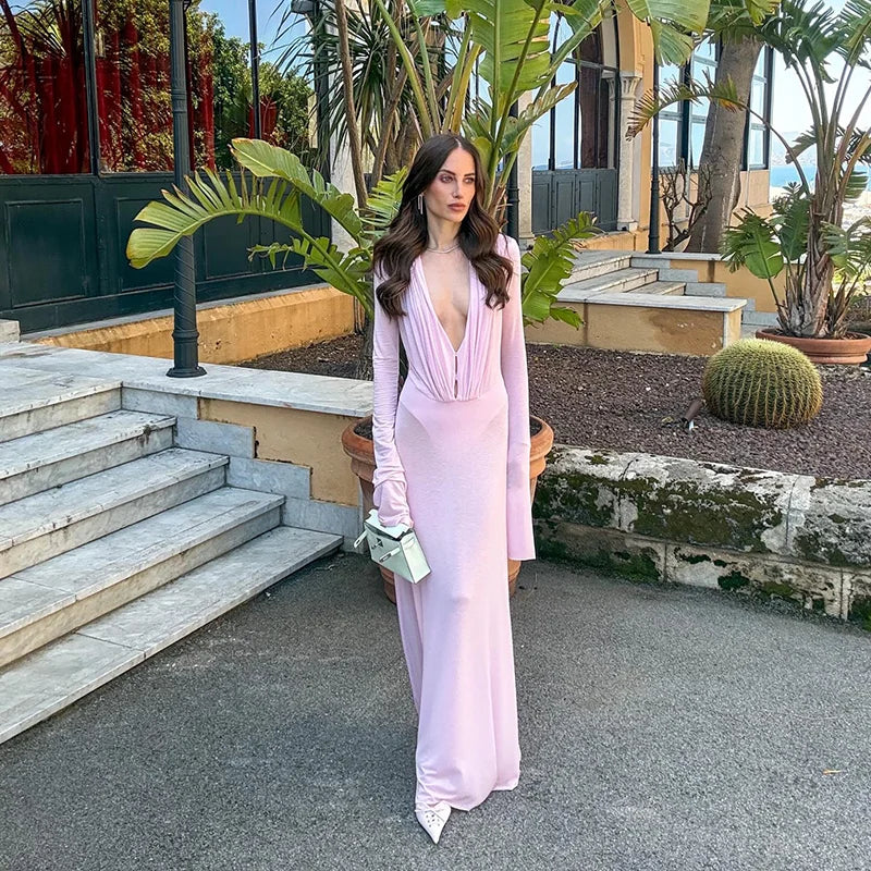 GlamourFit™ Sheer Mesh Deep V-Neck Ruched Maxi Dress