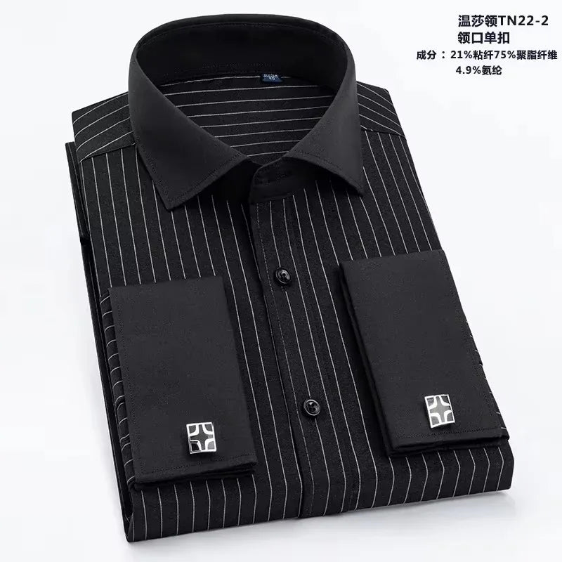 Men's Slim-Fit French Cuff Striped Business Dress Shirt