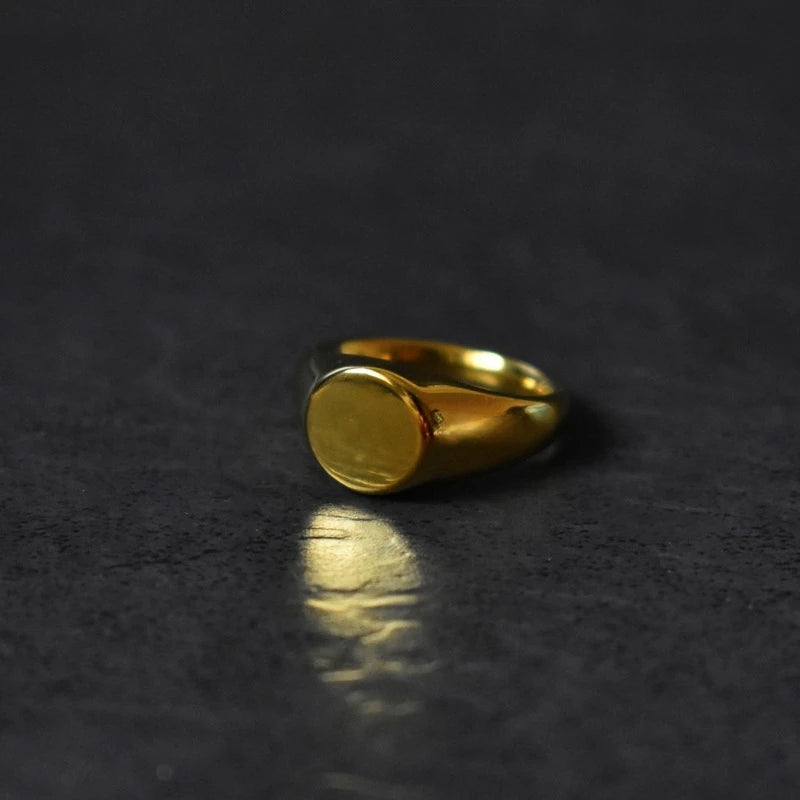 Unisex Gold-Tone Oval Signet Flat Top Stainless Steel Ring