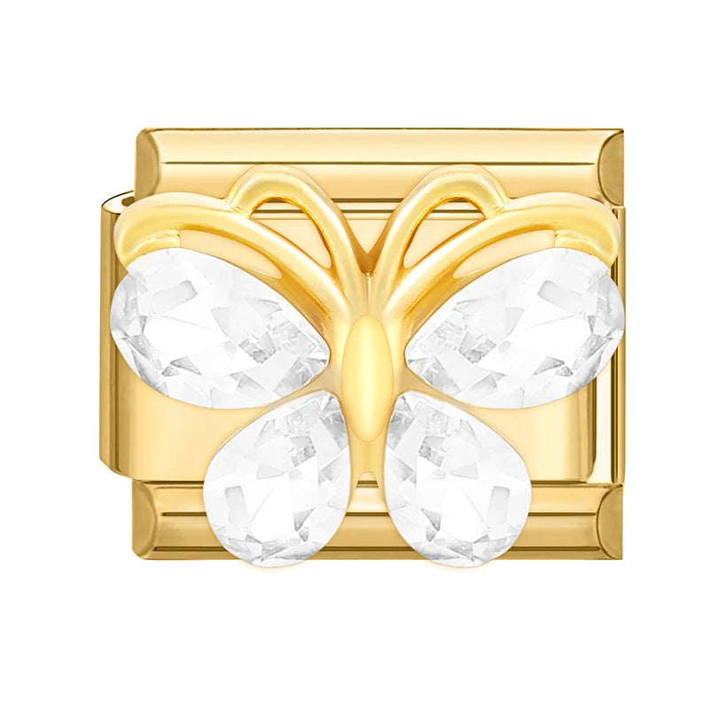 Zircon Heart Bow Butterfly Flowers Gold Color Italian Charm Links Fit 9MM Stainless Steel Bracelet Women Men DIY Making Jewelry