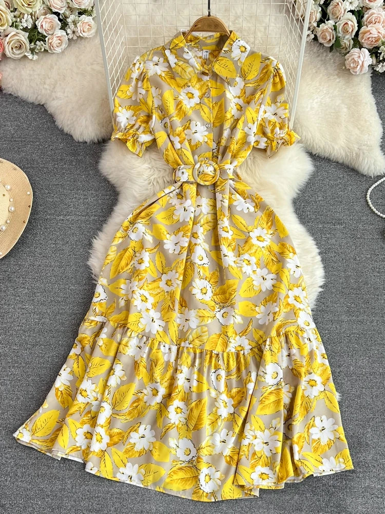 Retro Bubble Sve  Collar Slim Fit Midi Dr Floral Print ort Sve Women's Korean Sle Commute High Waist irt D...