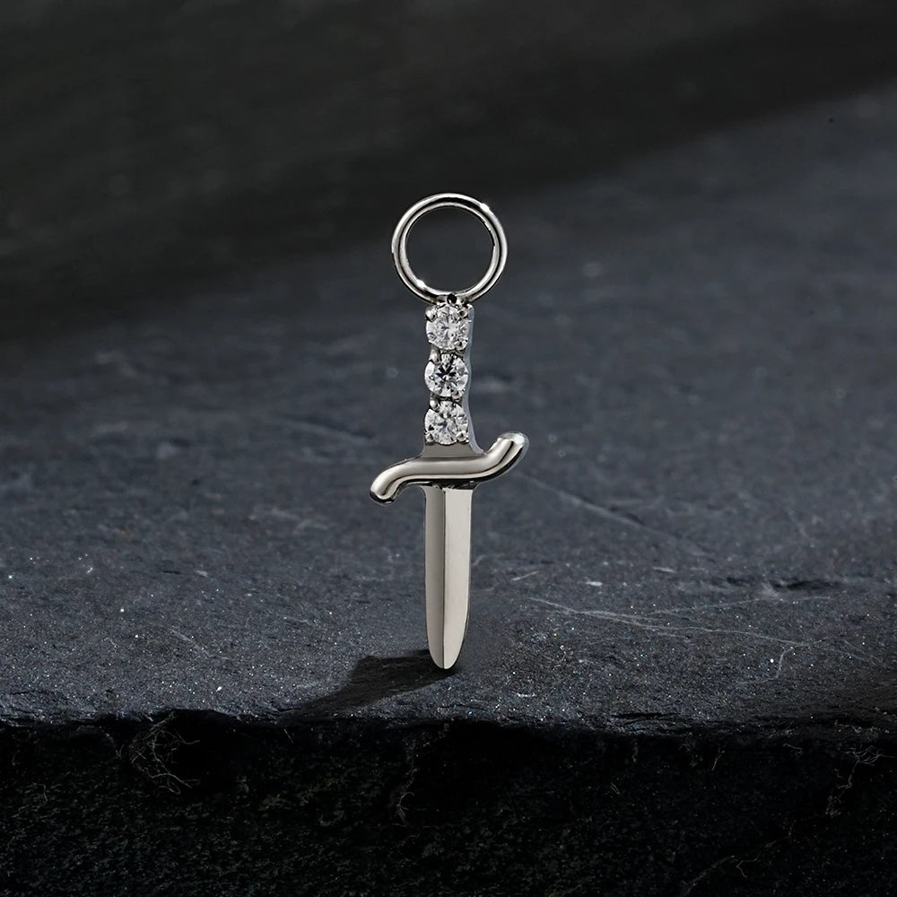 Right Grand ASTM F136 Titanium Knife Earring Charm with CZ Cute Poniard Drop Charm for Hoops Cartilage Piercing Body Jewelry