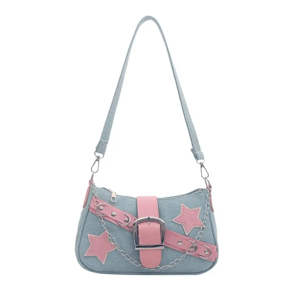 Women's Denim Star Pattern Underarm Bag & Chain Shoulder Hobo Bag