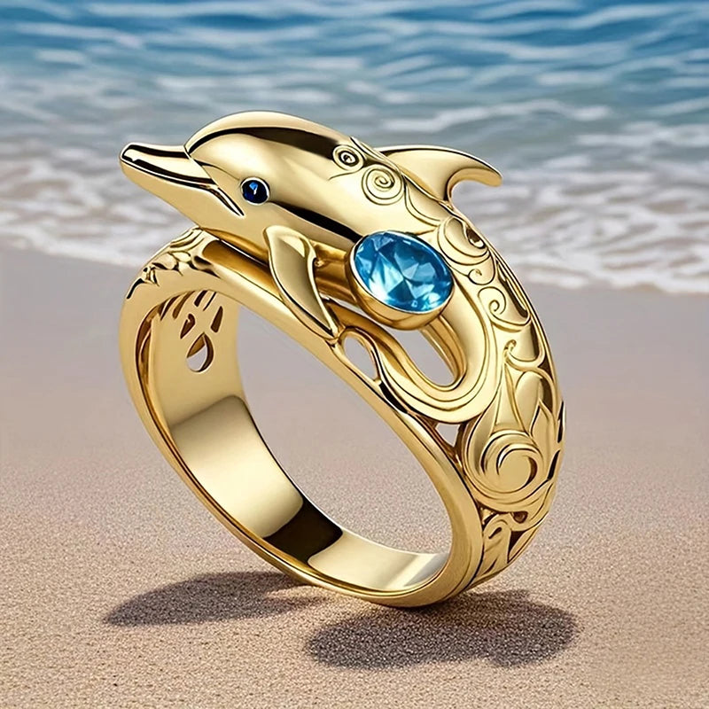 Women's Gold-Tone Dolphin Statement Ring with Blue CZ