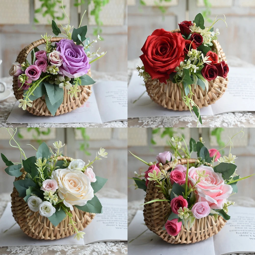 Handmade Woven Rattan Flower & Storage Basket with Ribbon Accent