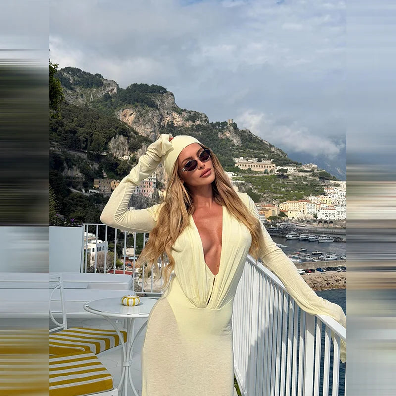 GlamourFit™ Sheer Mesh Deep V-Neck Ruched Maxi Dress