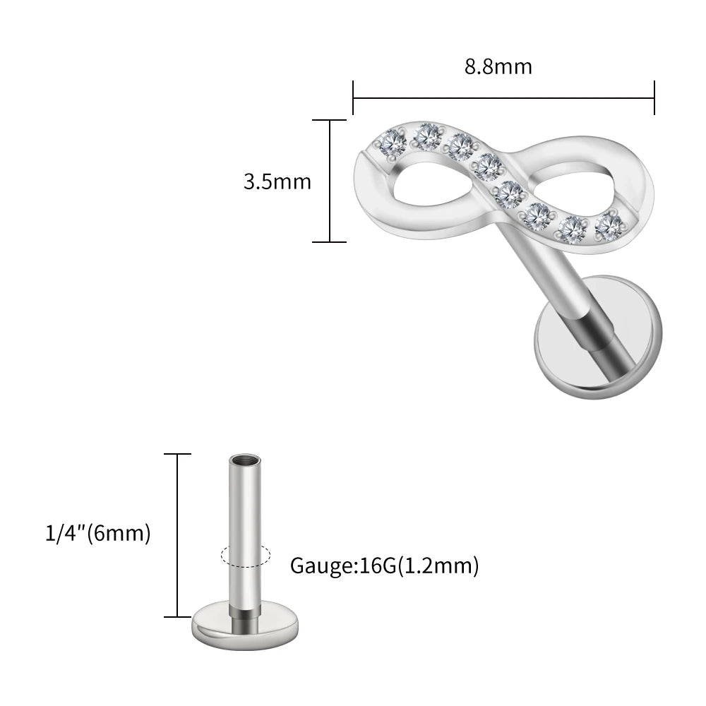 Right Grand ASTM F136 Titanium CZ Infinity Symbol Stud Earring 16G Cartilage Helix Tragus Stud Flat Back Labret Piercing Jewelry