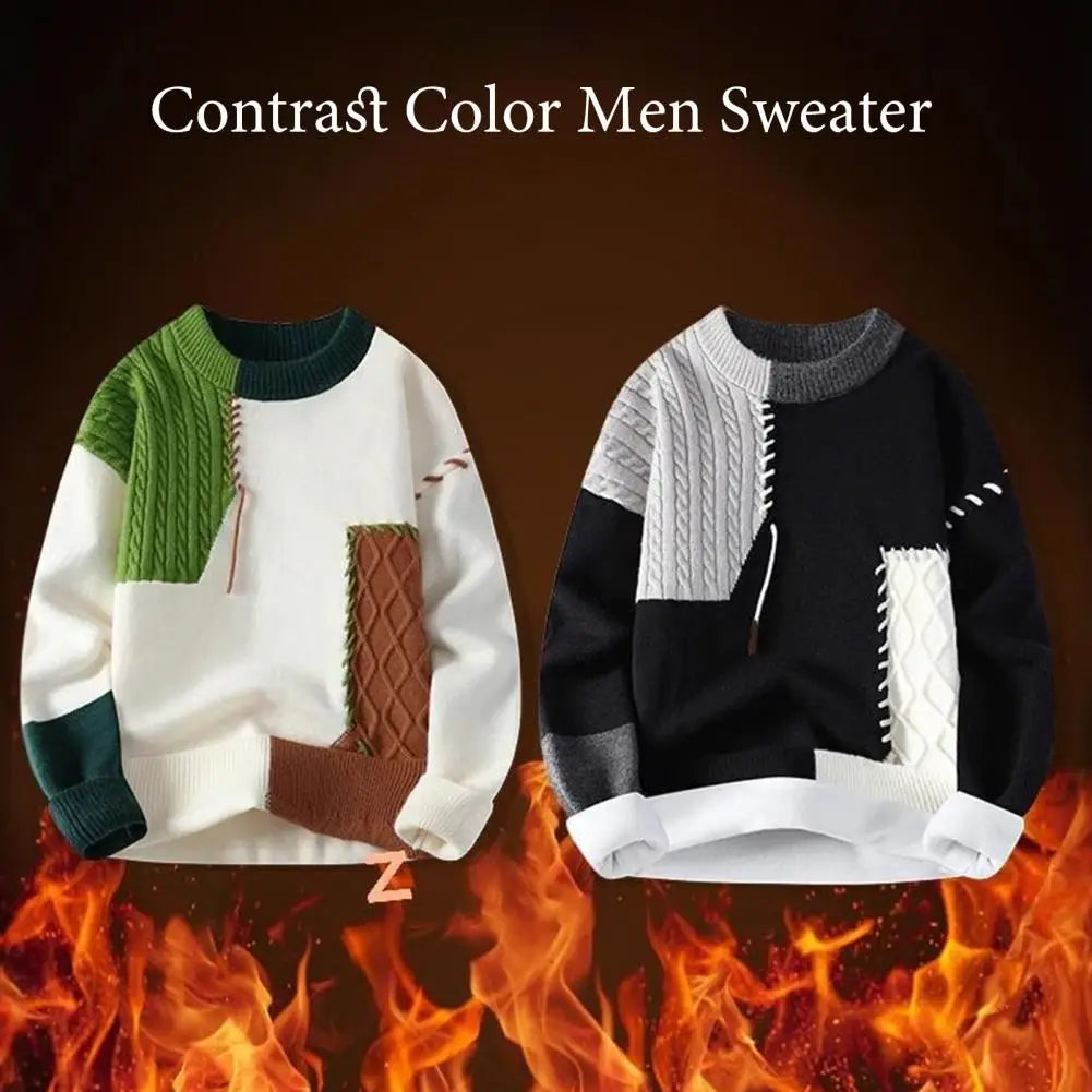 Men Long Sleeve Sweater Men's Winter Colorblock Patchwork Sweater with Irregular Design Round Neck Knit Loose Fit Thick Sport