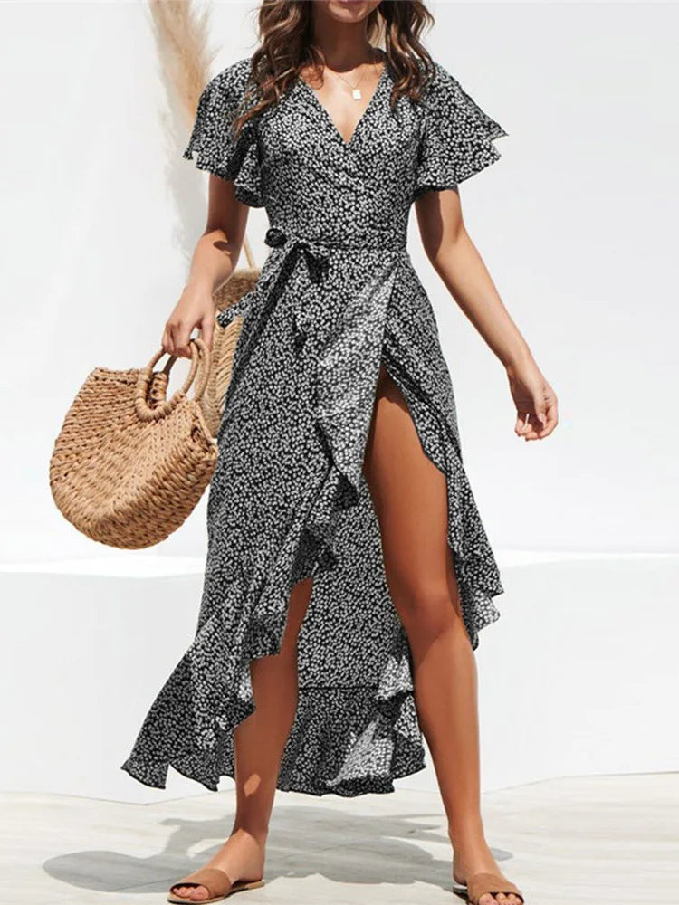 Women's Boho Floral Print Chiffon Wrap Maxi Dress with Ruffles