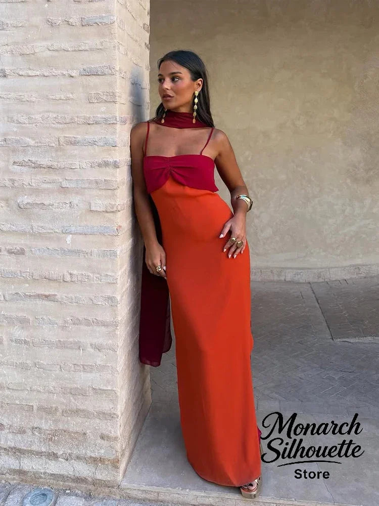 Women's Color-Block Scarf Collar High-Slit Sling Maxi Dress