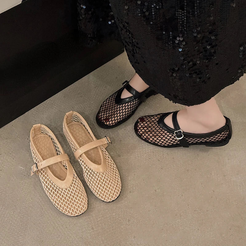 Women's Summer Cut-Out Mary Jane Fishnet Flats | Casual Round-Toe Buckle Shoes