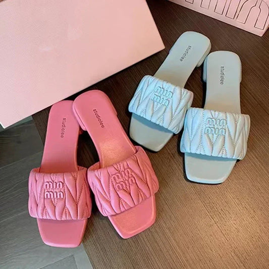 Women's Summer Solid-Color Square-Toe Lightweight Square-Heel Mules & Slides