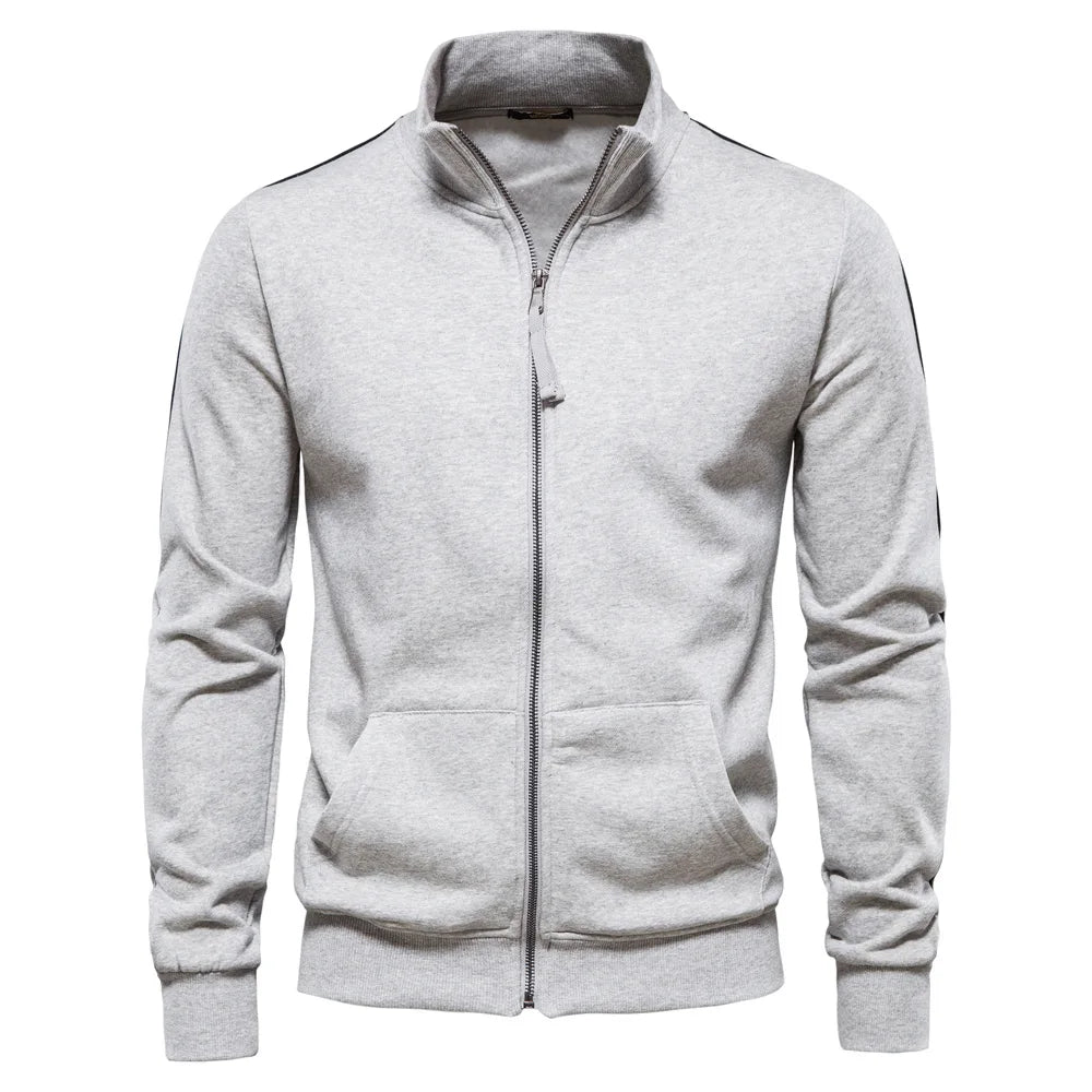 New Autumn-Winter Men's Versatile Casual Sports Hoodie Jacket: 50% Cotton, Stand Collar, Zipper, Long Sleeves, Cardigan