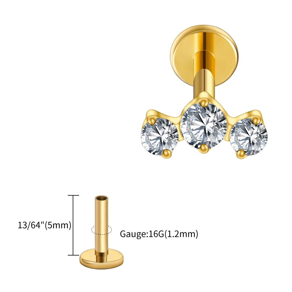 ASTM F136 Titanium 16G Triple CZ Cluster Flat Back Labret Piercing