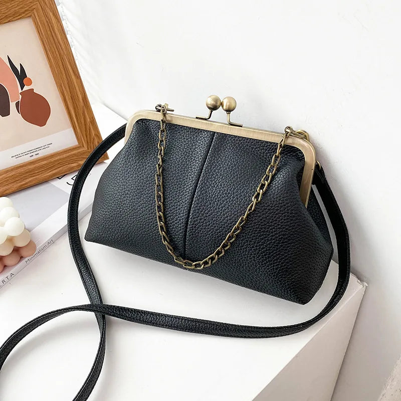 Women's Vintage Kiss-Lock PU Leather Chain Crossbody & Shoulder Bag
