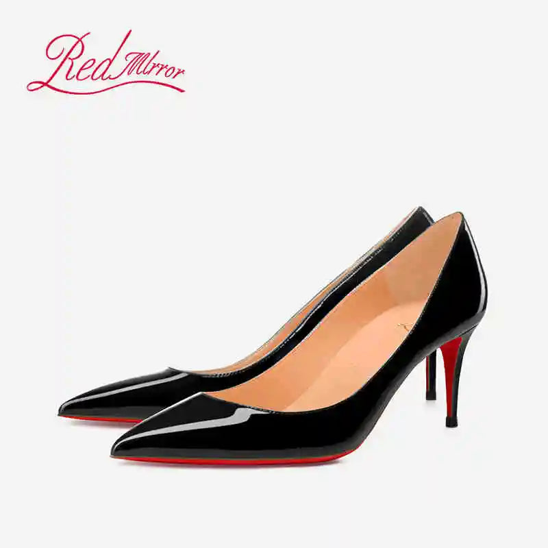 Women's Black Glossy Pointed-Toe Stiletto Pumps with Radiant Red Outsoles